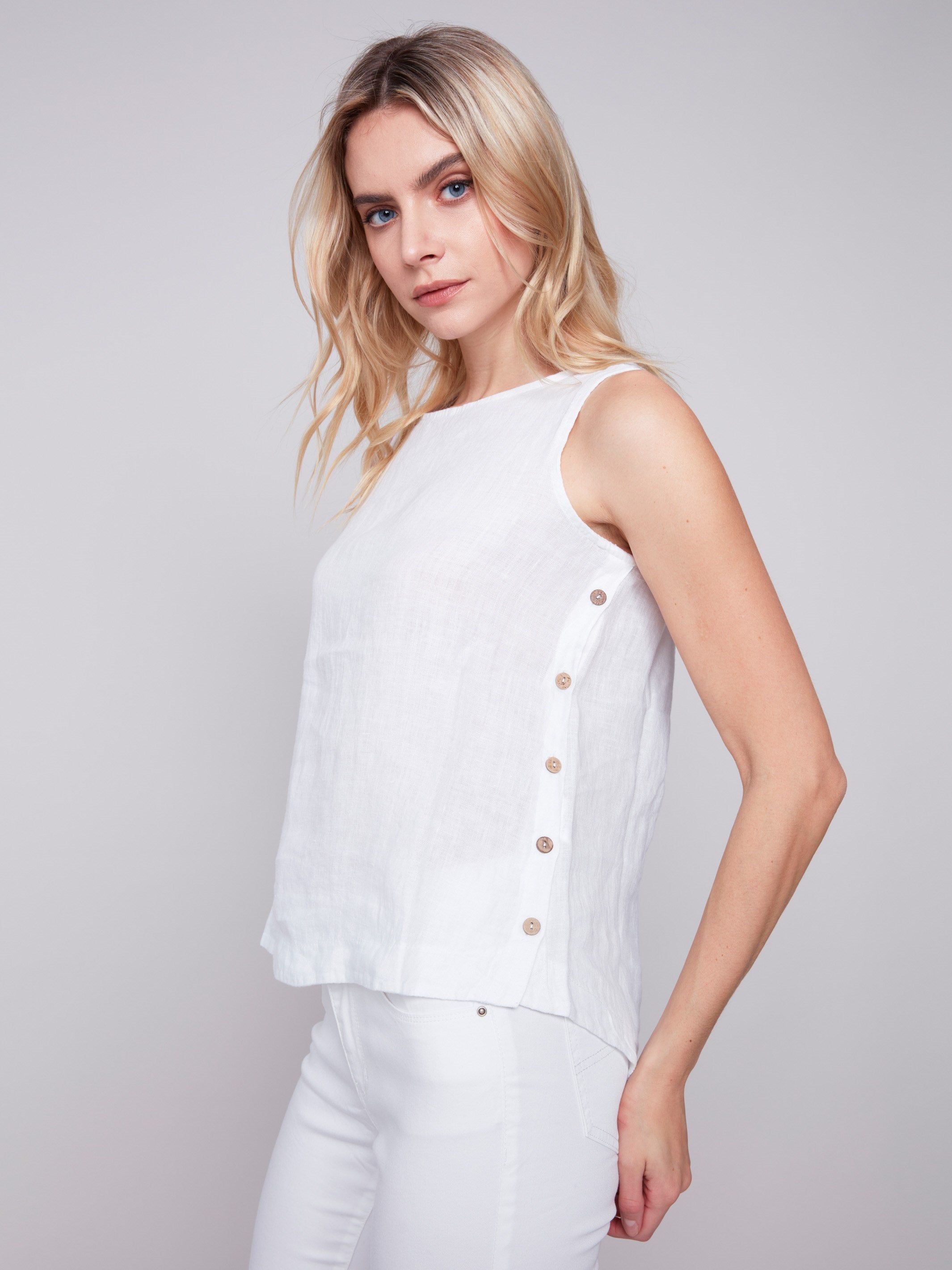 Charlie B Sleeveless Linen Top with Side Buttons - White - Image 1