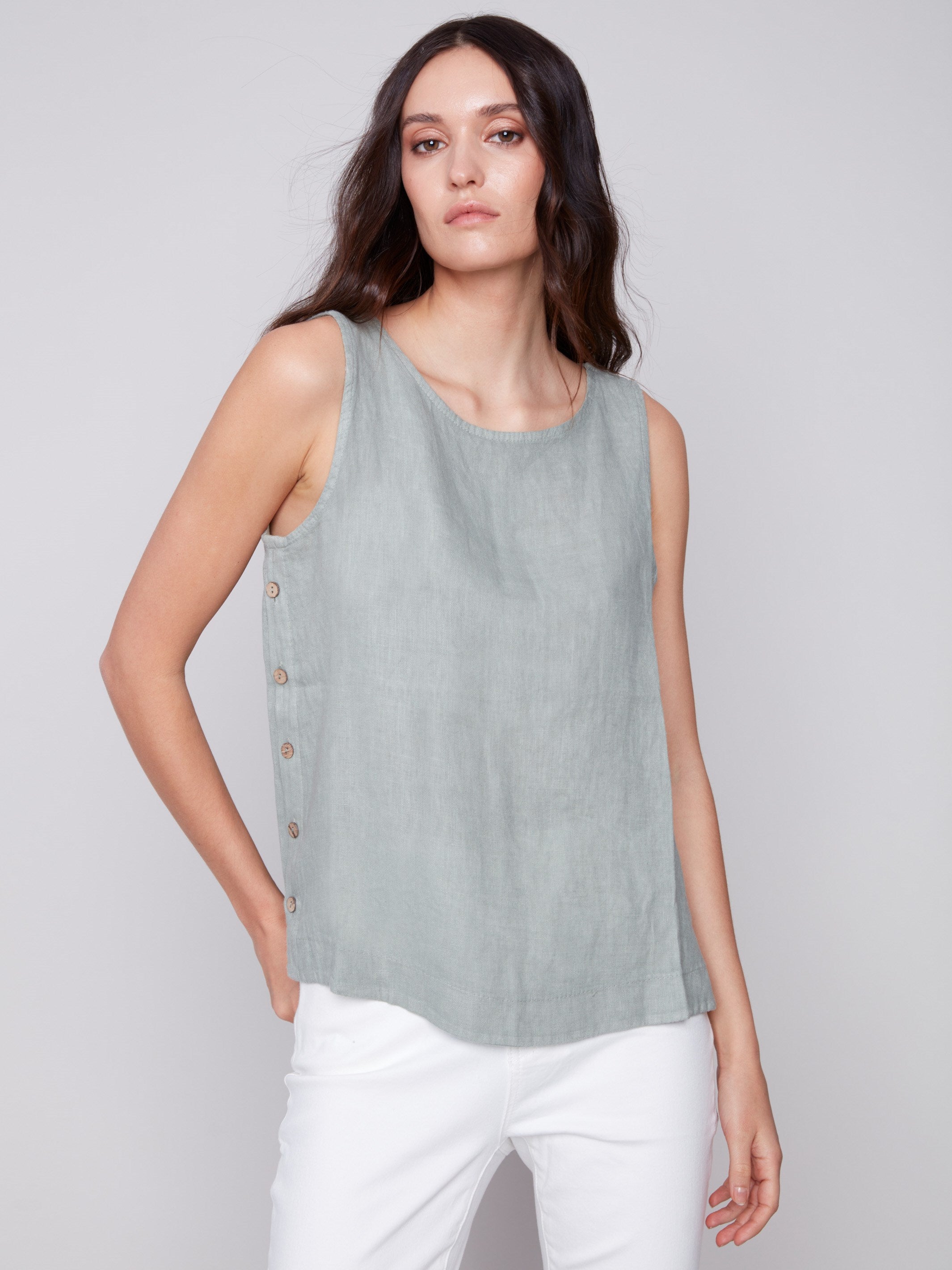 Charlie B Sleeveless Linen Top with Side Buttons - Celadon - Image 1