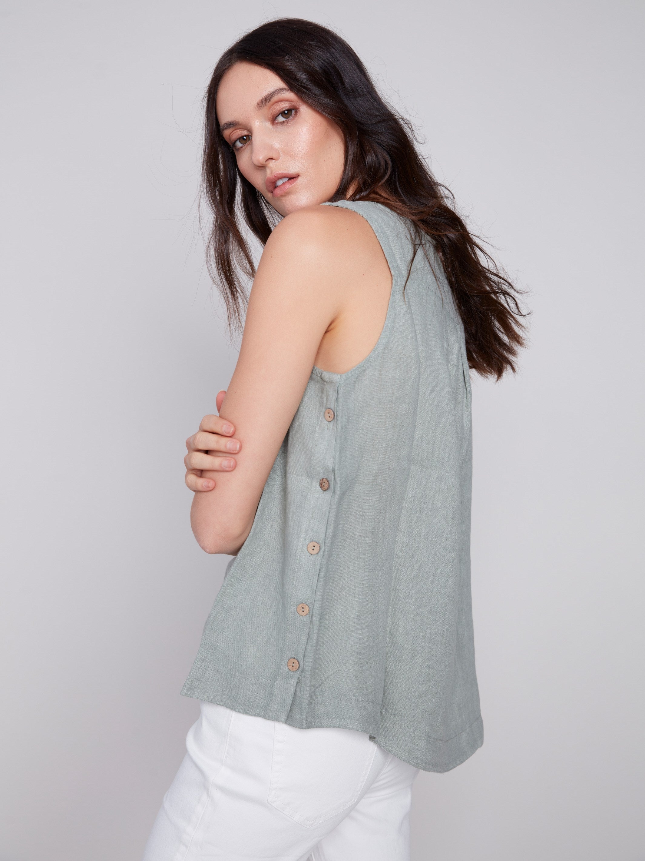 Charlie B Sleeveless Linen Top with Side Buttons - Celadon - Image 2
