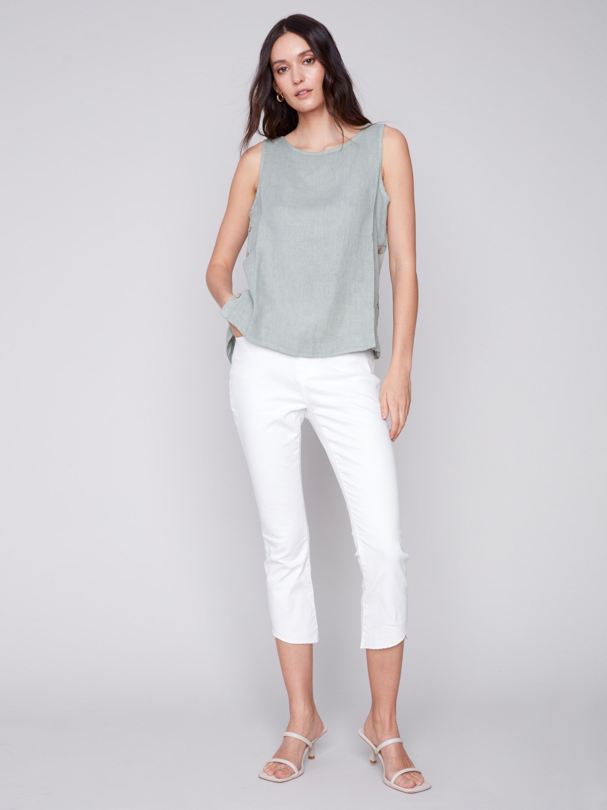 Charlie B Sleeveless Linen Top with Side Buttons - Celadon - Image 3