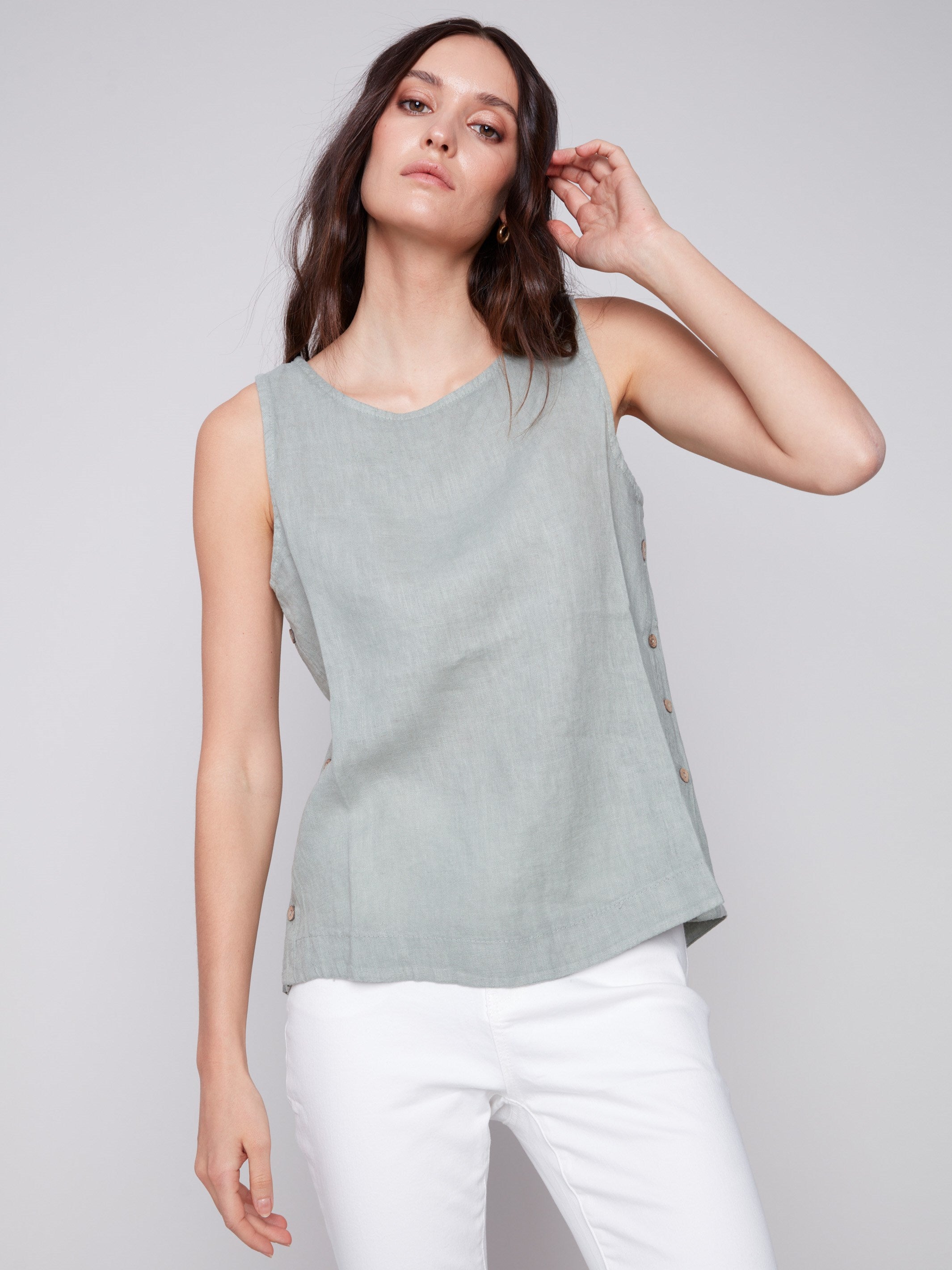 Charlie B Sleeveless Linen Top with Side Buttons - Celadon - Image 4