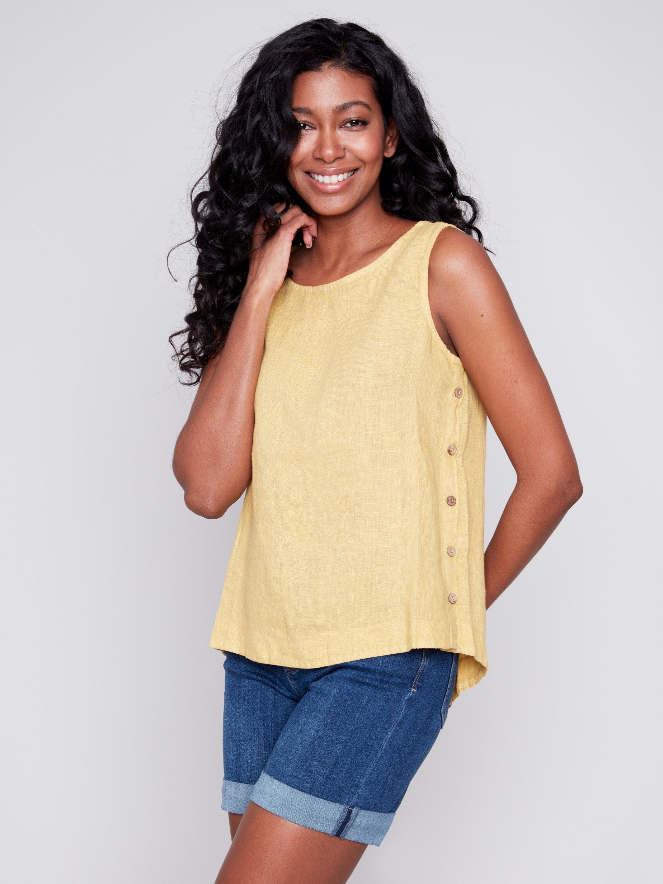 Charlie B Sleeveless Linen Top with Side Buttons - Corn - Image 1