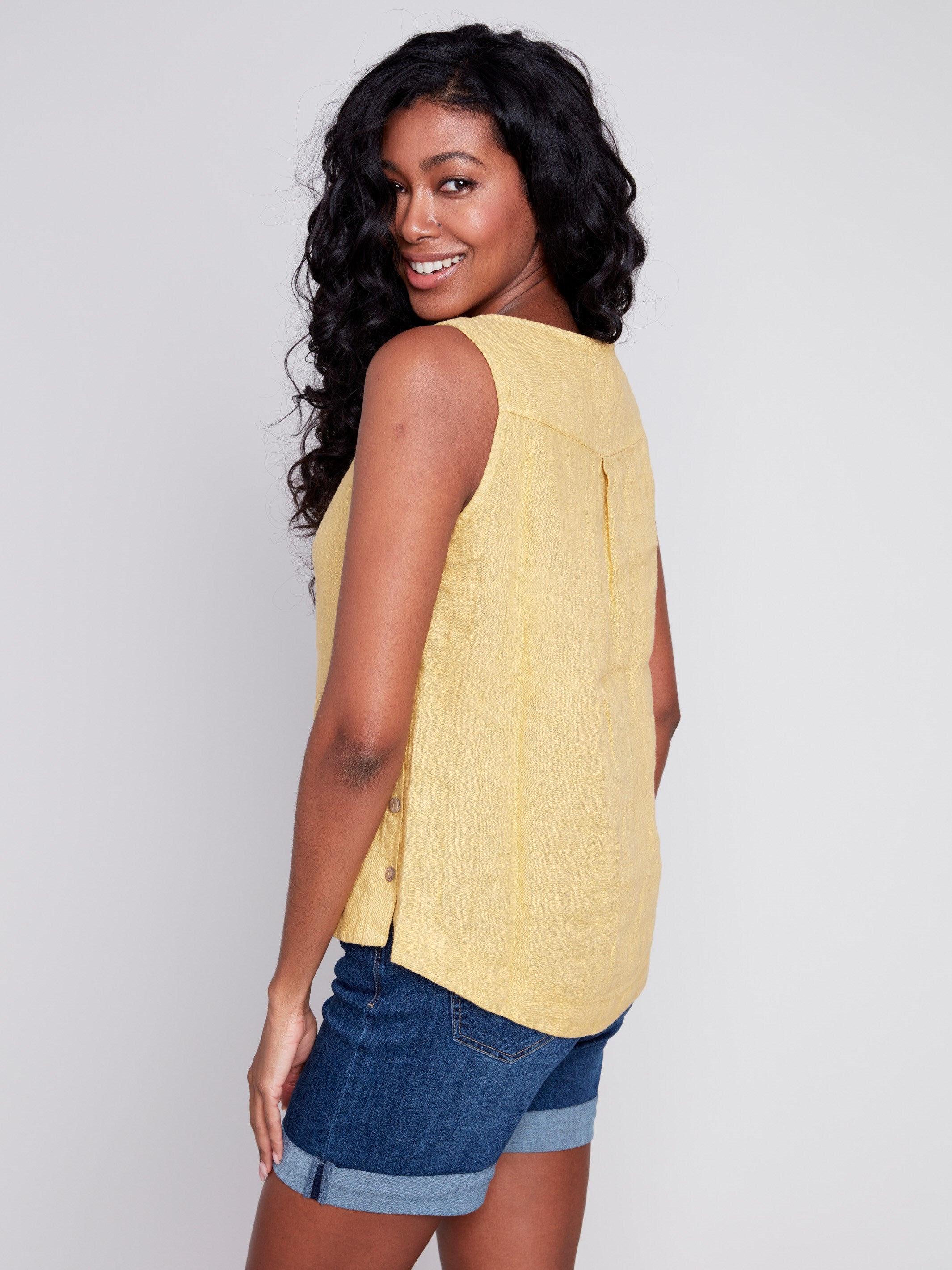 Charlie B Sleeveless Linen Top with Side Buttons - Corn - Image 2