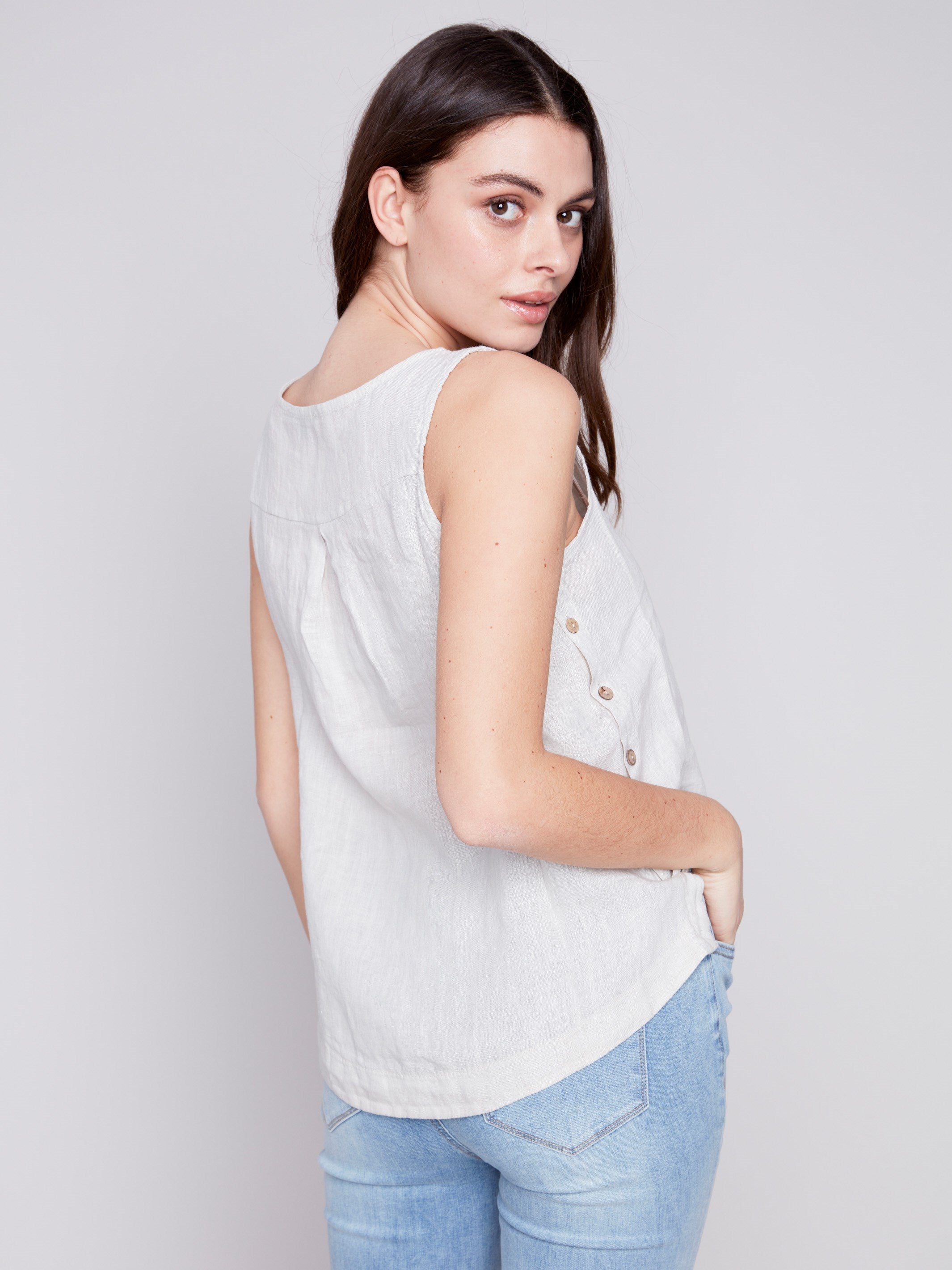 Charlie B Sleeveless Linen Top with Side Buttons - Natural - Image 2