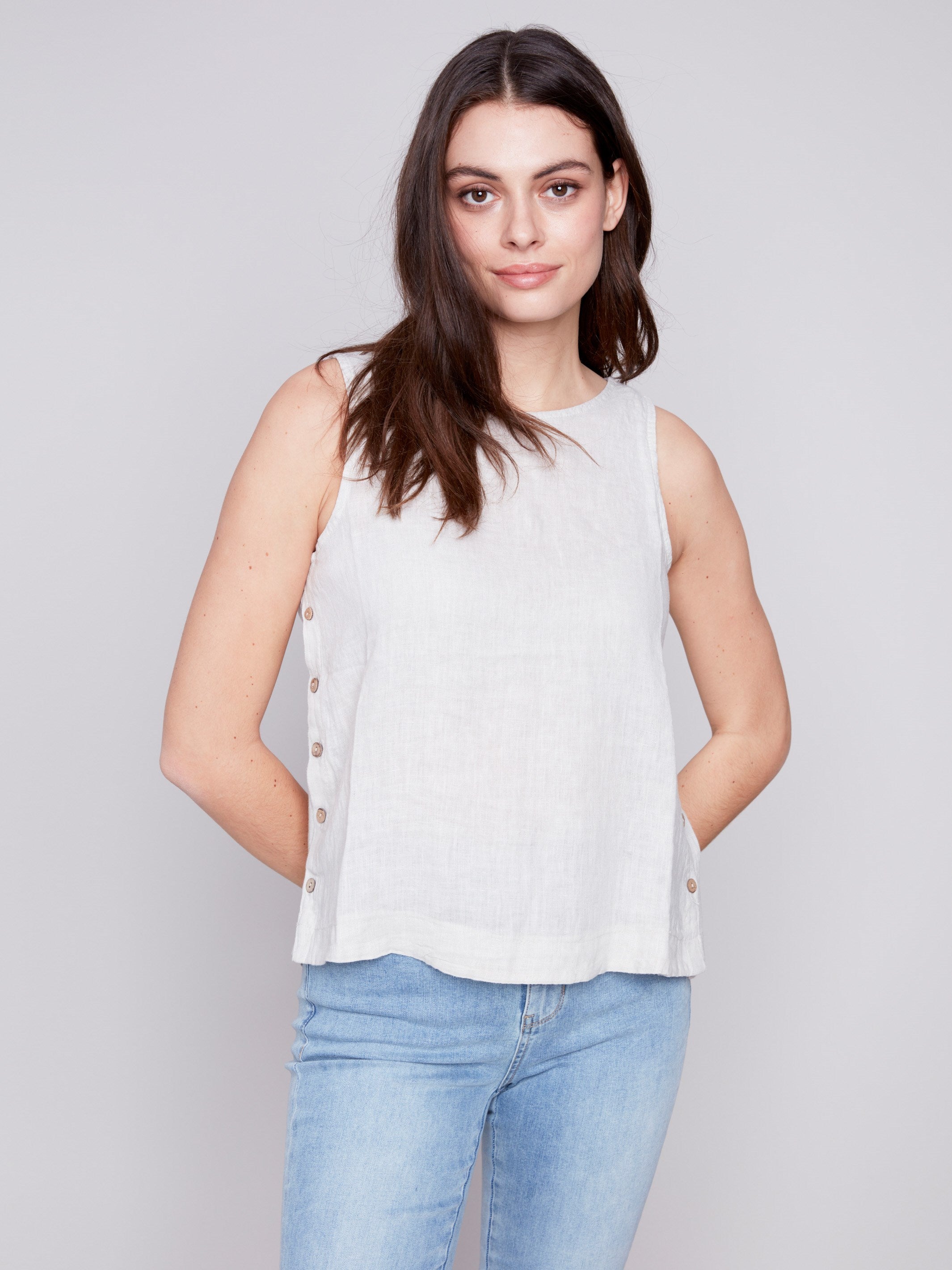 Charlie B Sleeveless Linen Top with Side Buttons - Natural - Image 3