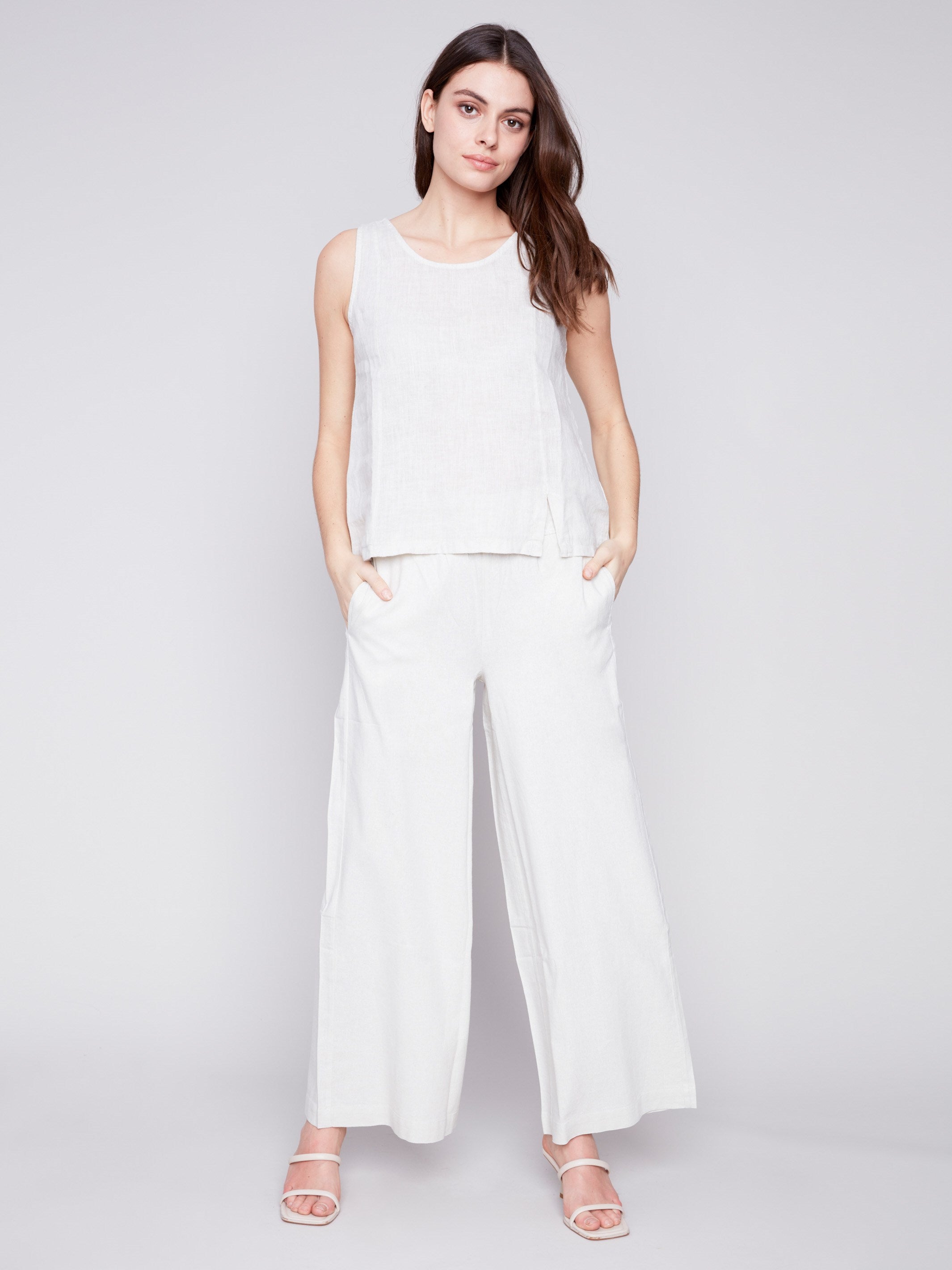Charlie B Sleeveless Linen Top with Slit - Natural - Image 2