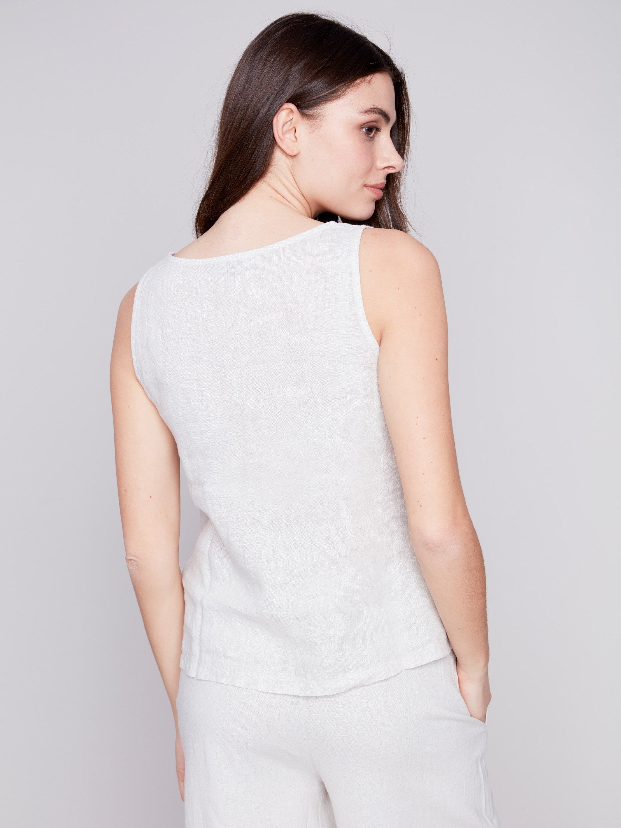 Charlie B Sleeveless Linen Top with Slit - Natural - Image 3