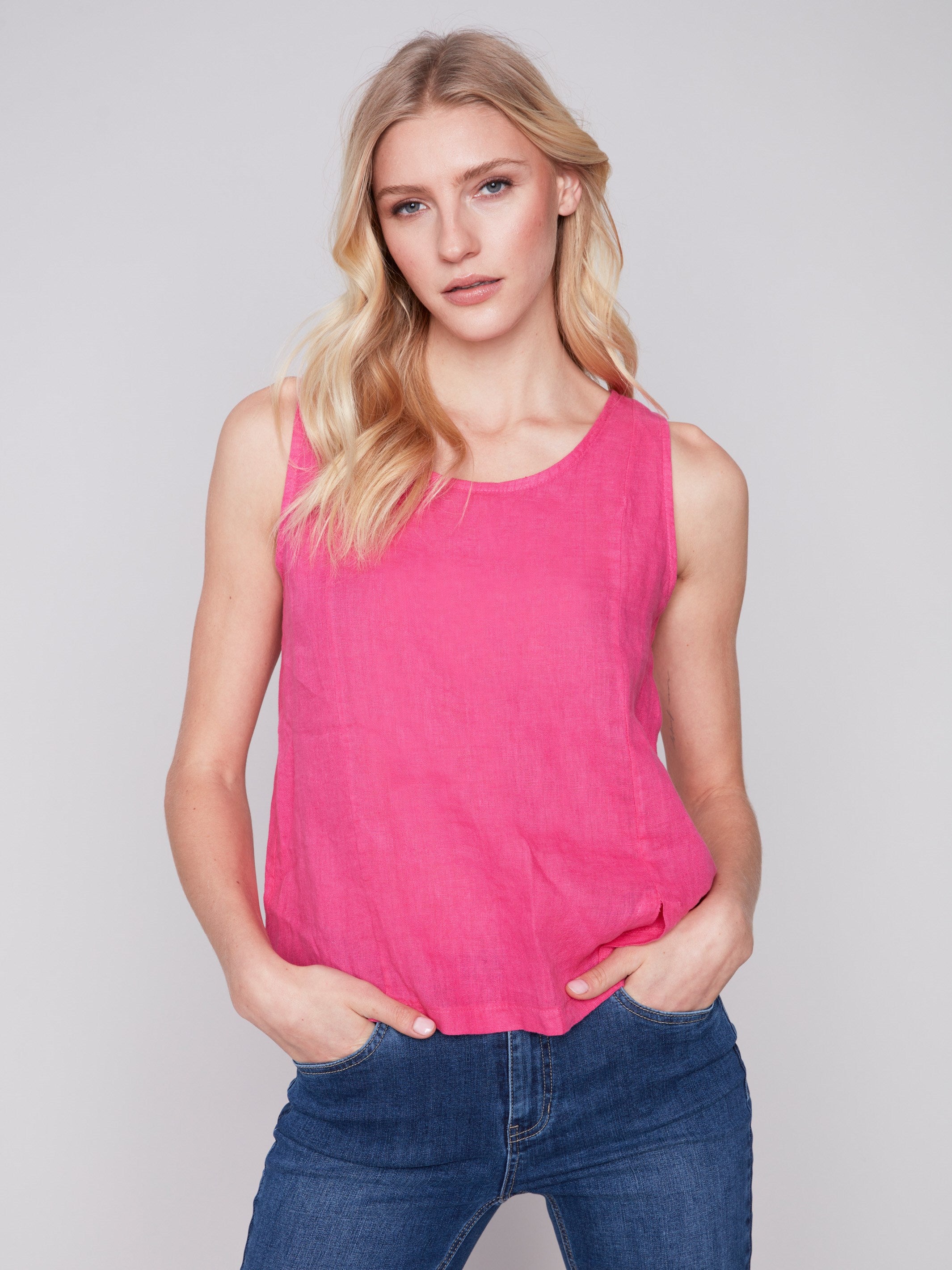Charlie B Sleeveless Linen Top with Slit - Punch - Image 3