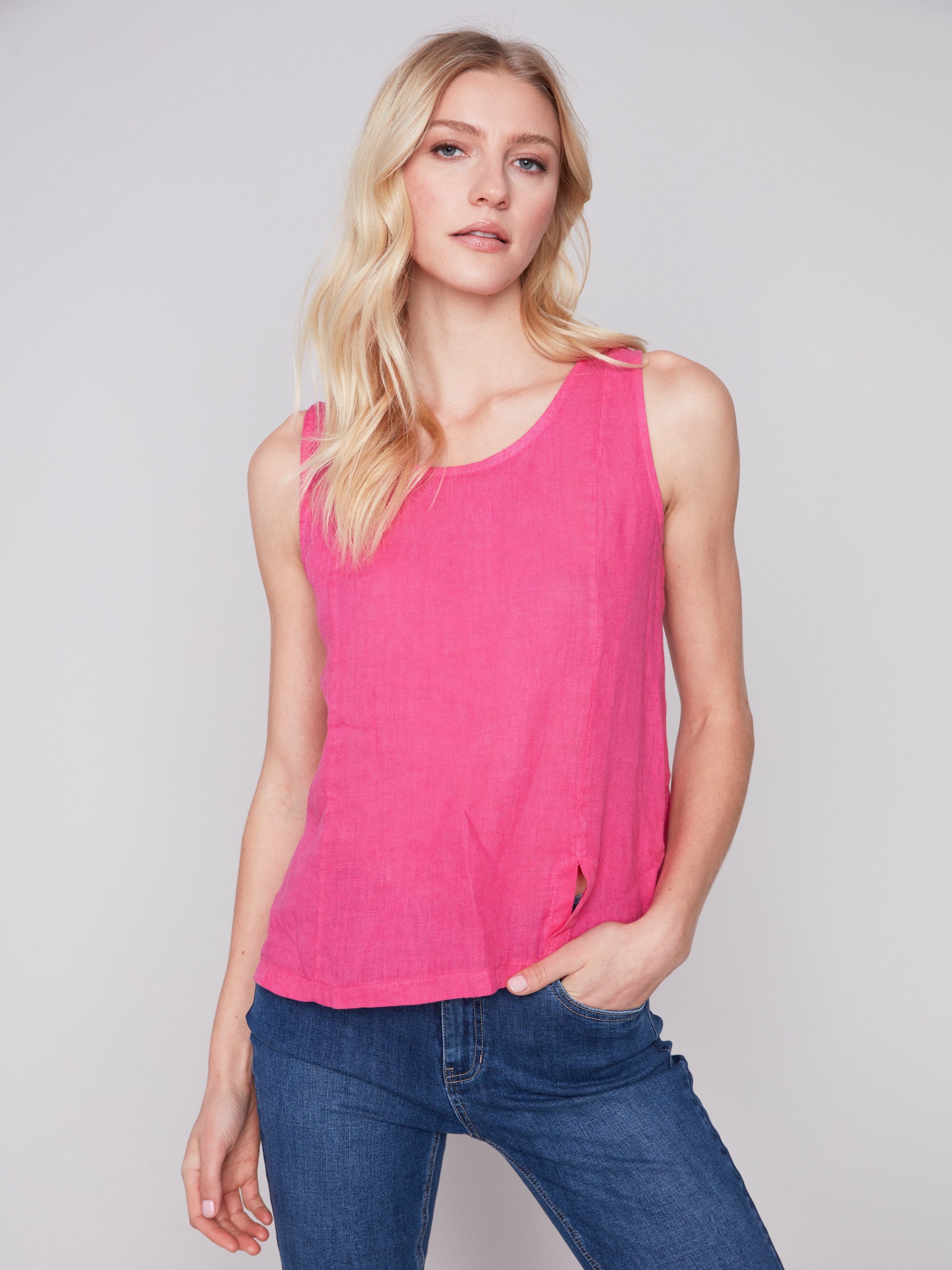 Charlie B Sleeveless Linen Top with Slit - Punch - Image 4