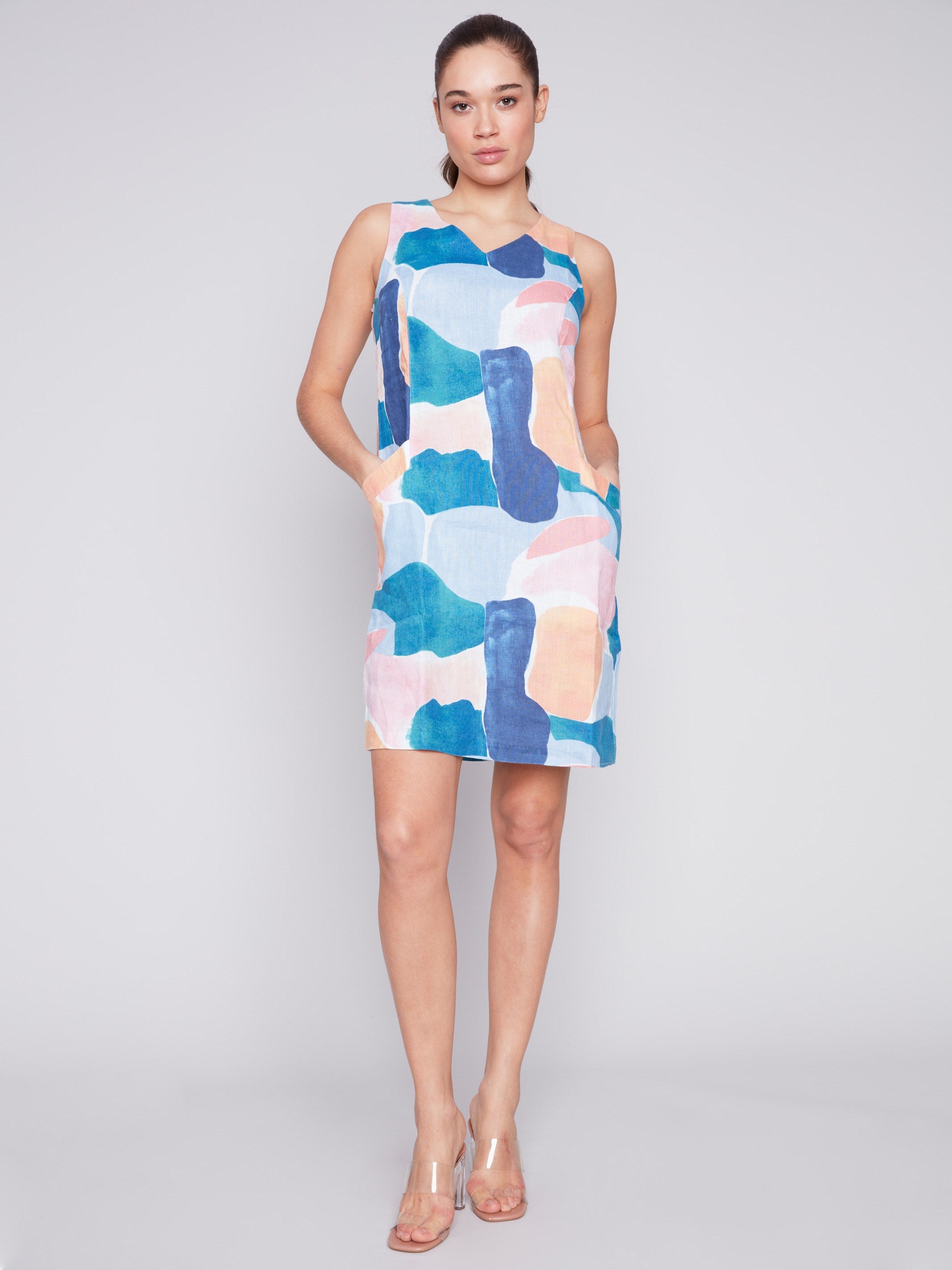 Sleeveless Printed Linen Dress - Abstract