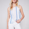 Charlie B Sleeveless Striped Linen Top with Button Detail - Denim - Image 1
