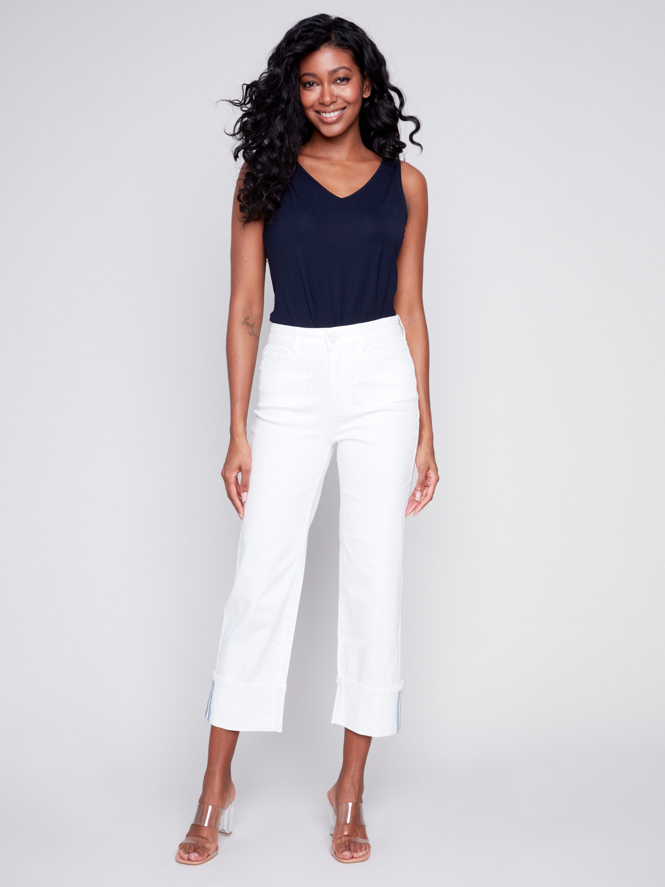 Charlie B Straight Leg Jeans with Folded Cuff - White - Image 1