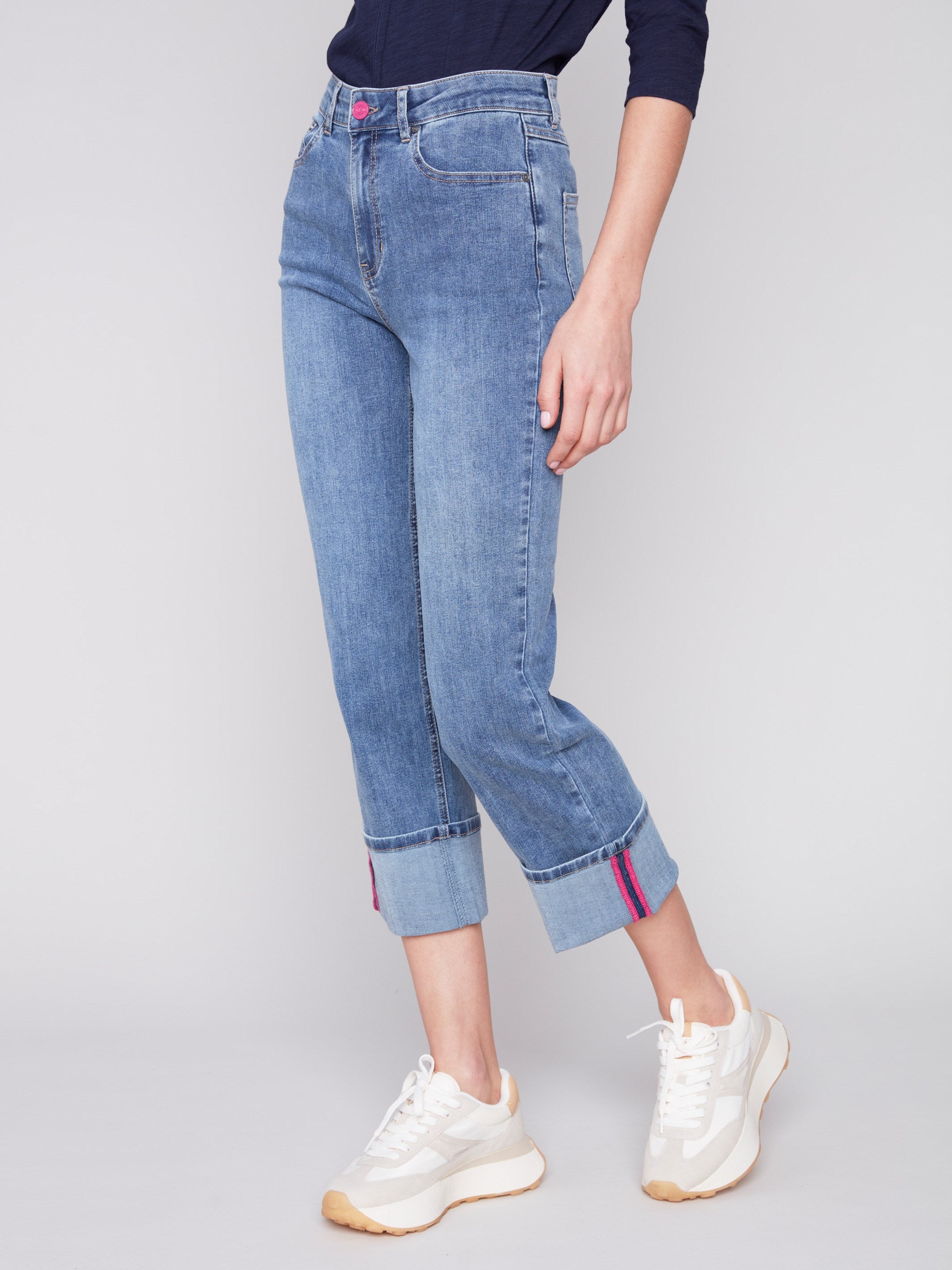 Charlie B Straight Leg Jeans with Folded Cuff - Medium Blue - Image 2