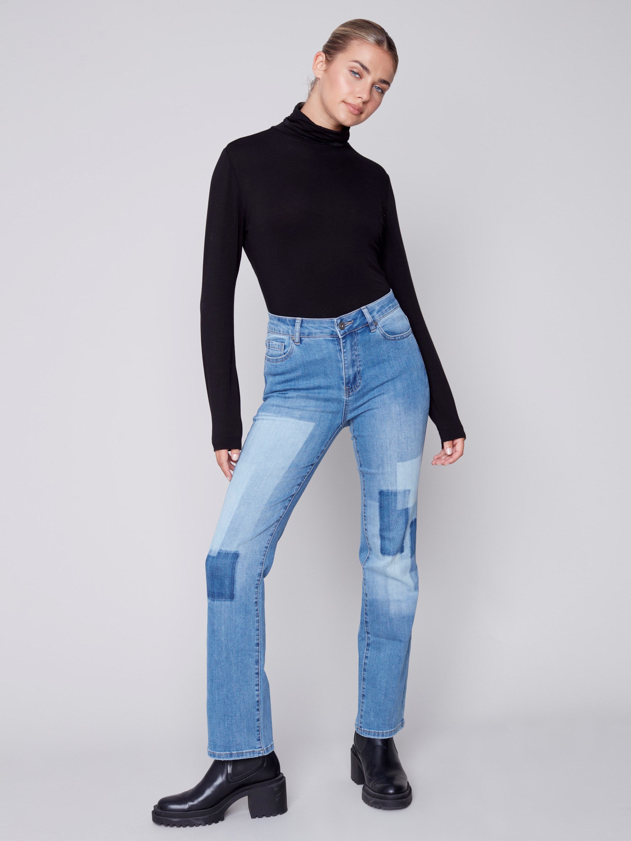 Straight Leg Jeans with Trompe L’Oeil Patch Detail - Medium Blue