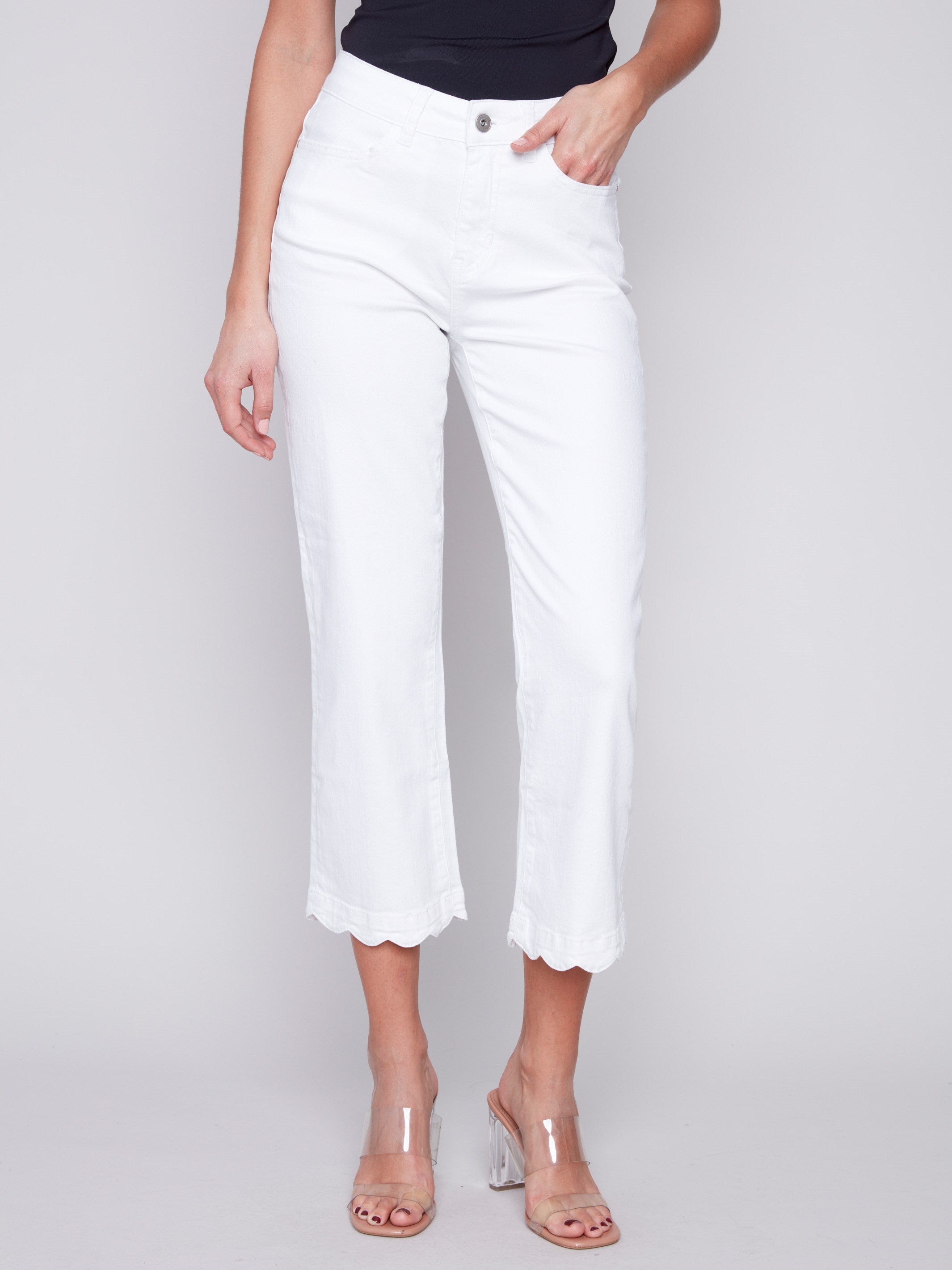 Charlie B Straight Leg Twill Jeans with Scallop Hem - White - Image 2