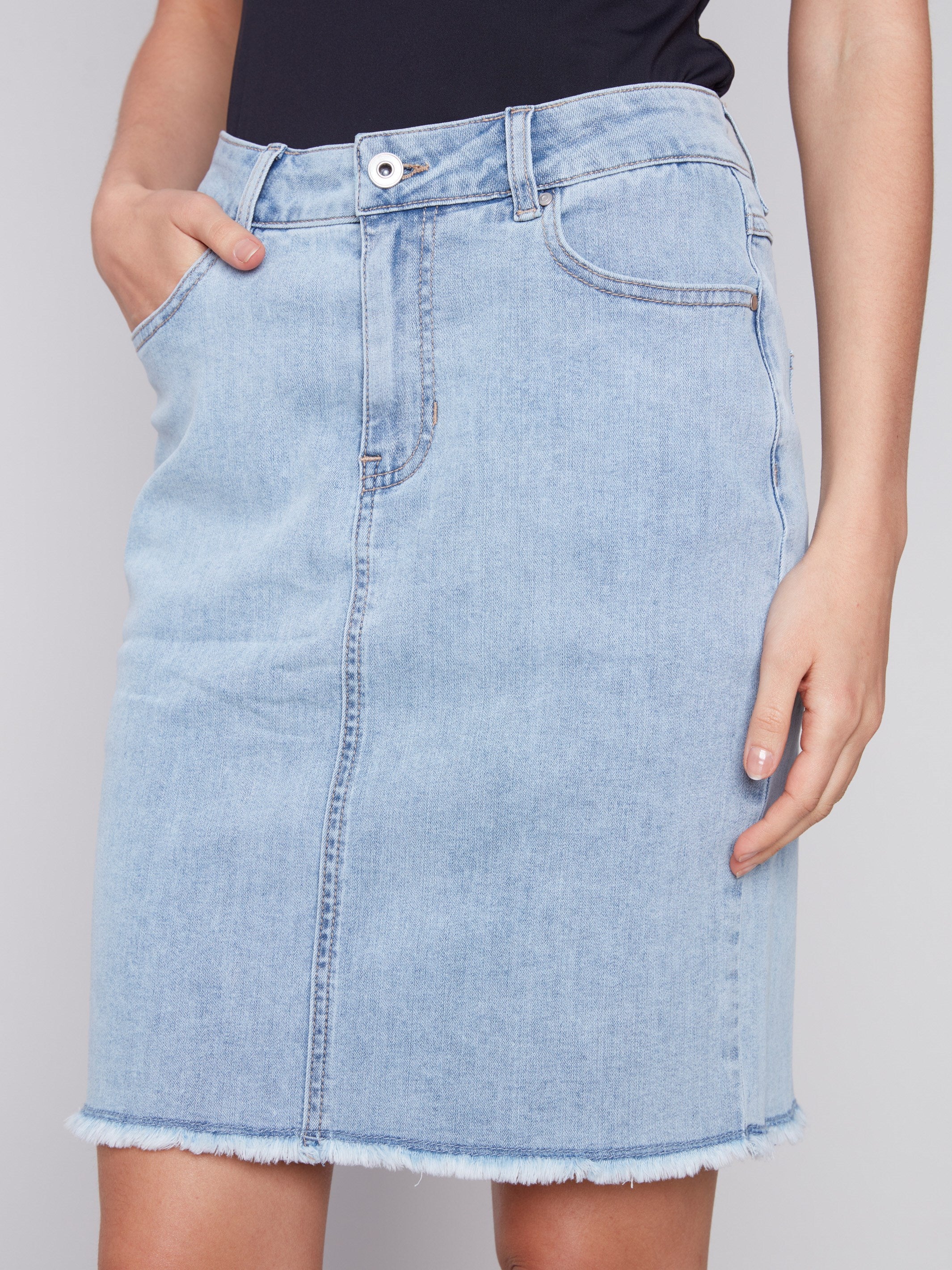 Charlie B Stretch Denim Skort with Frayed Hem - Bleach Blue - Image 2