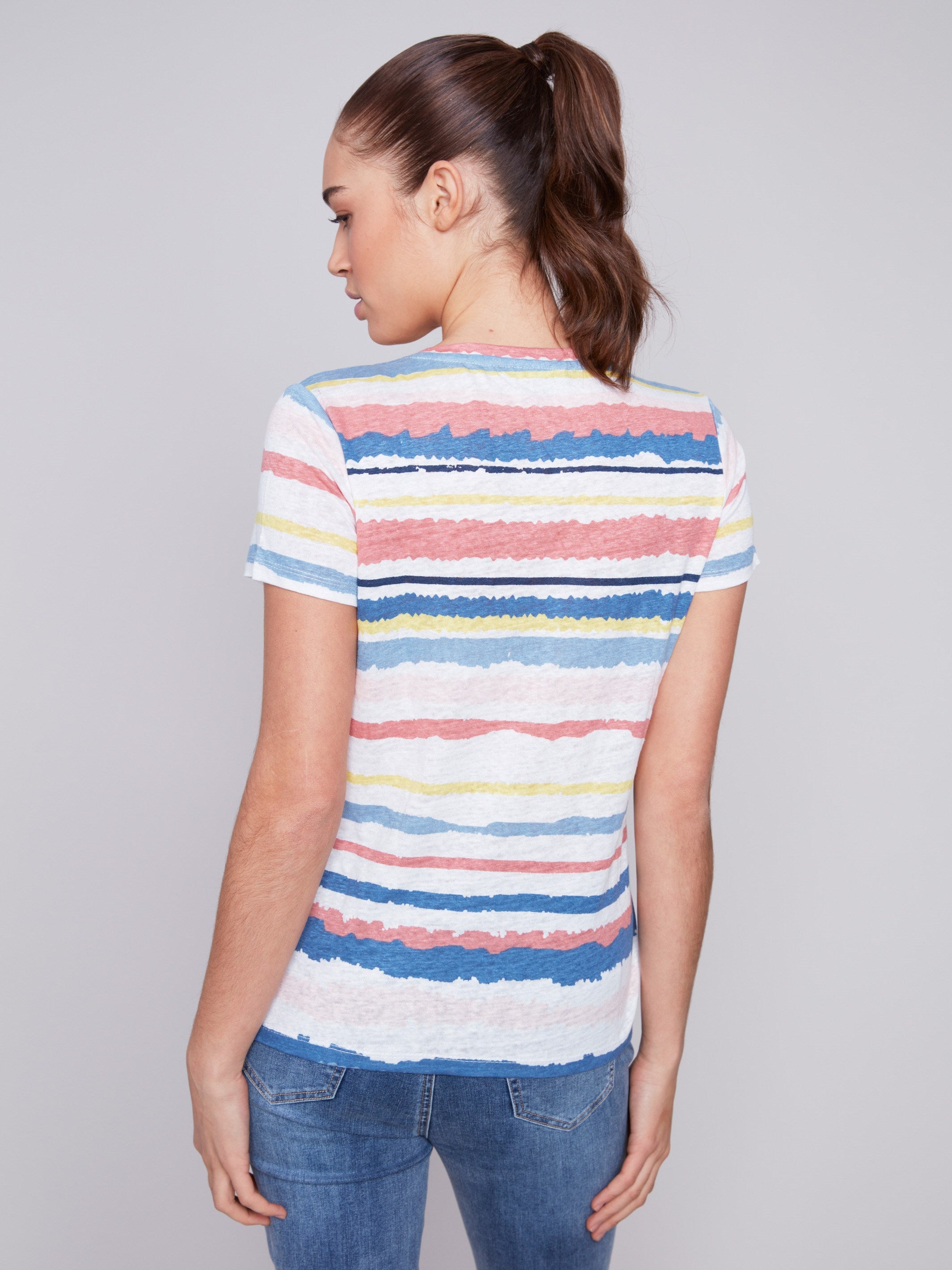 Striped V-Neck Linen T-Shirt - Pastel