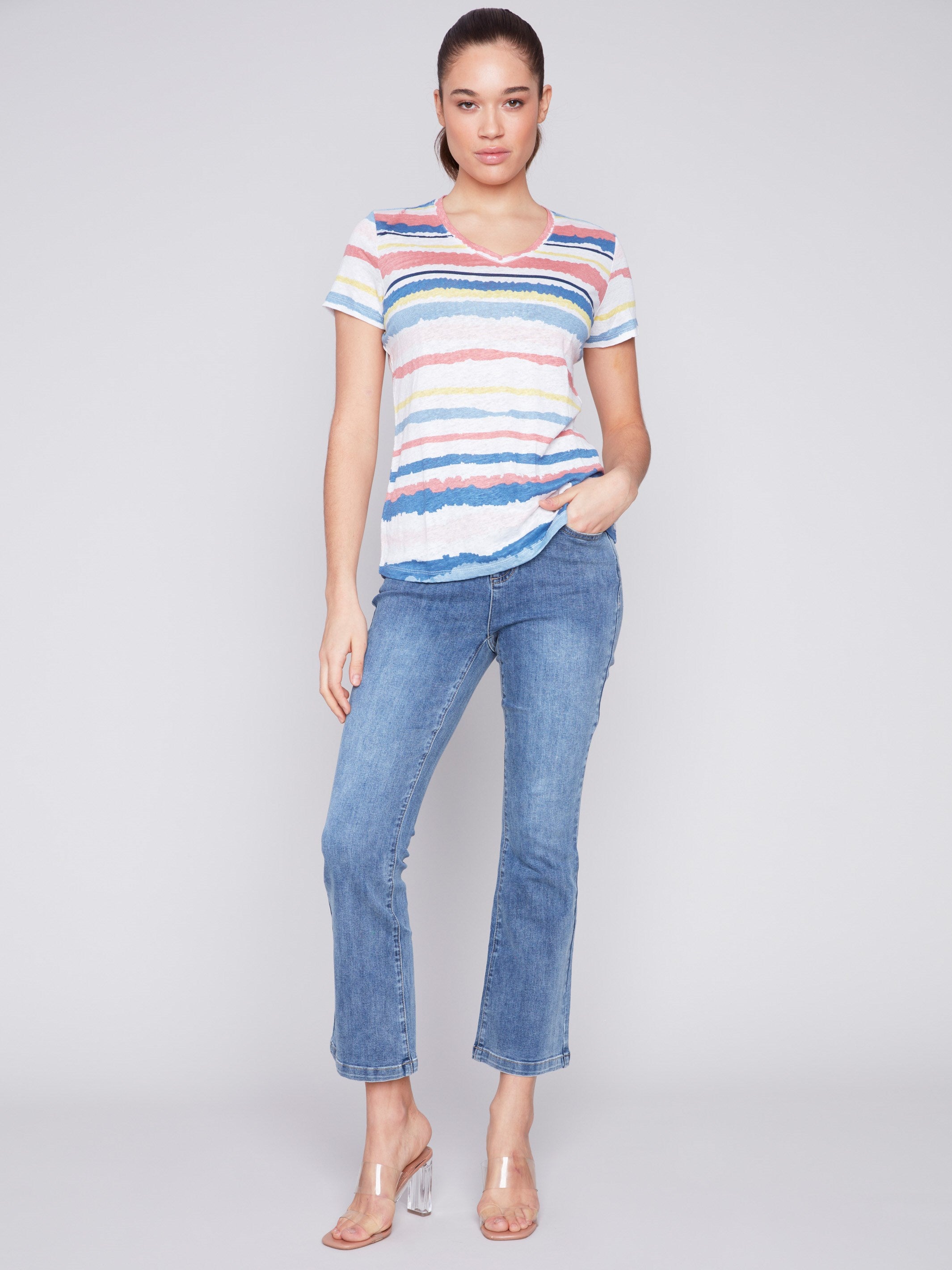 Charlie B Striped V-Neck Linen Tee Shirt Navy main image 0