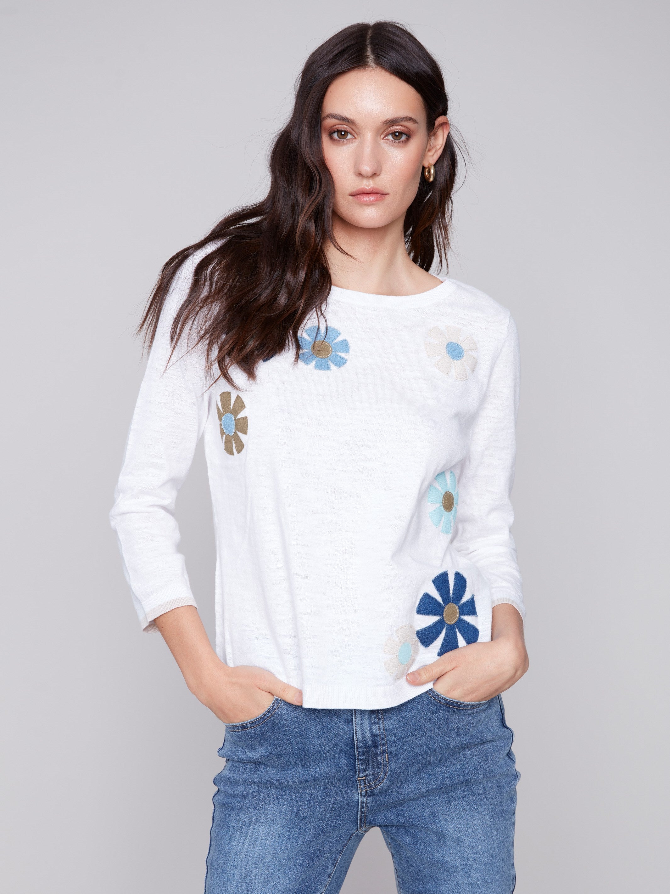 Charlie B Sweater with Flower Patches - White - Image 1