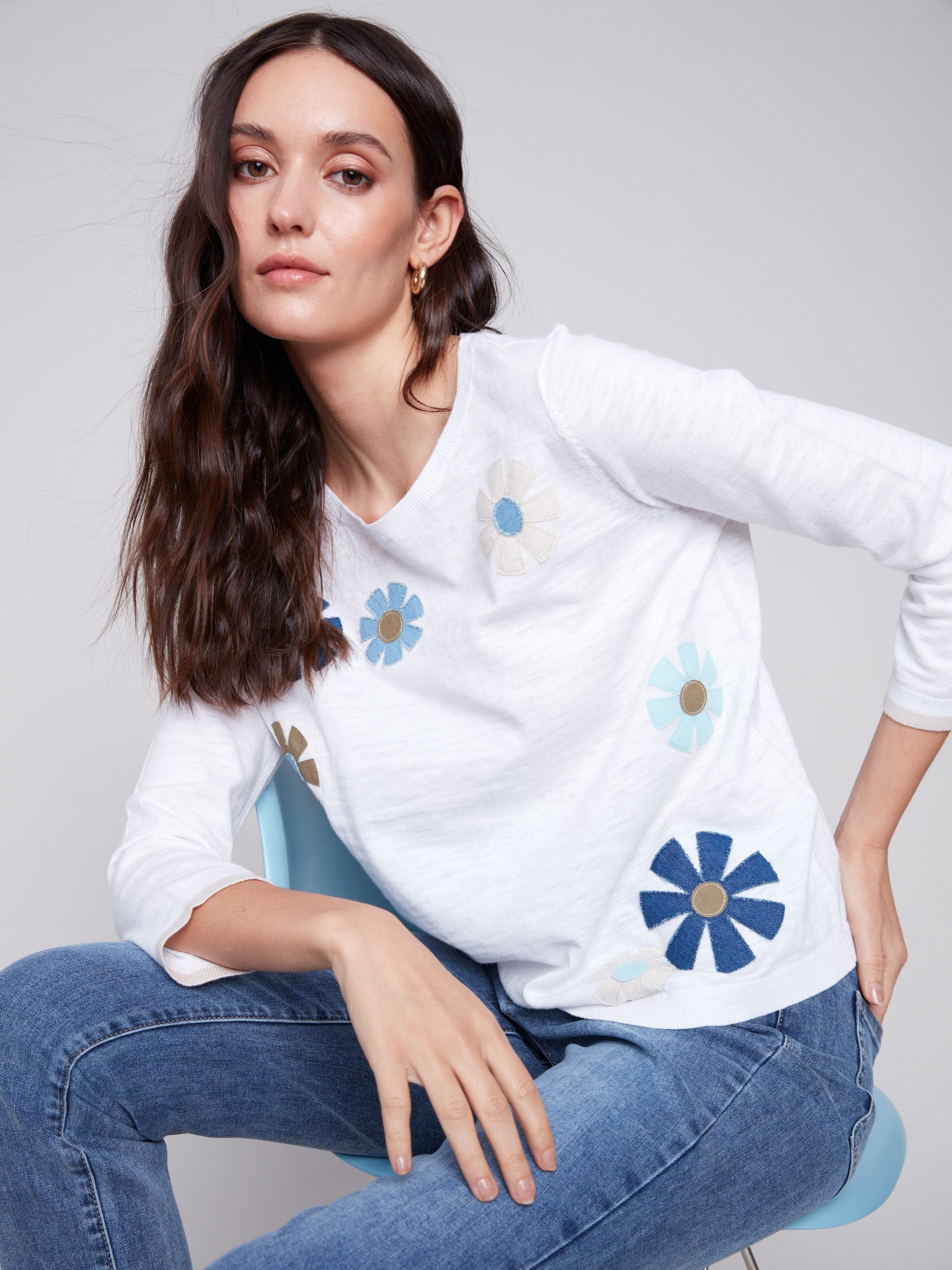 Charlie B Sweater with Flower Patches - White - Image 2