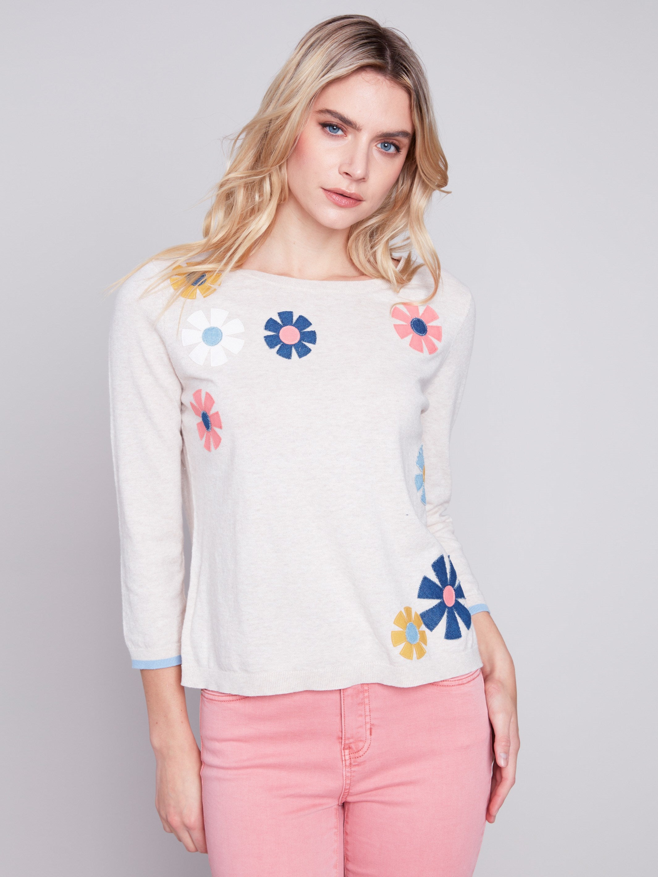 Charlie B Sweater with Flower Patches - Beige - Image 1