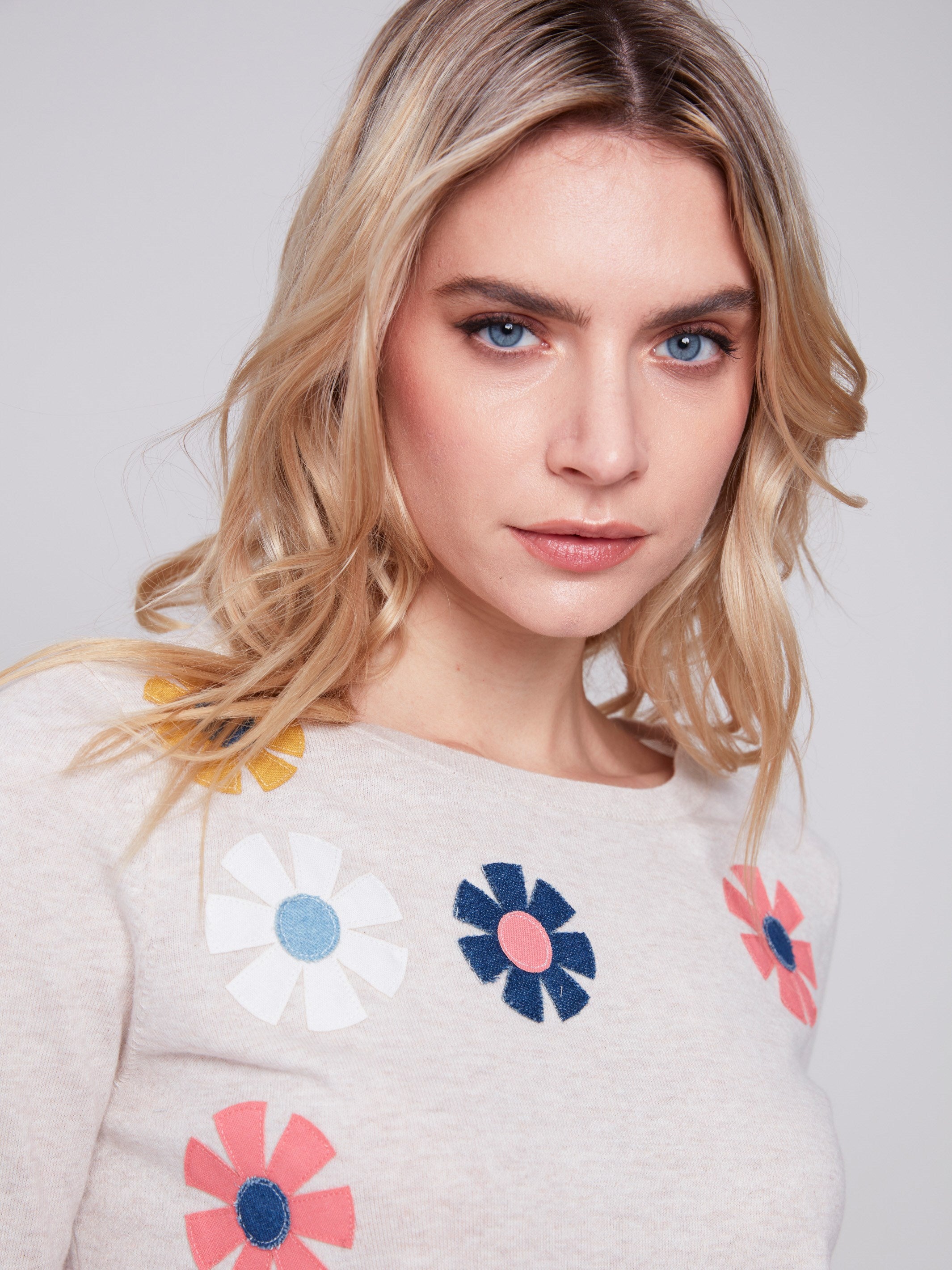 Charlie B Sweater with Flower Patches - Beige - Image 3
