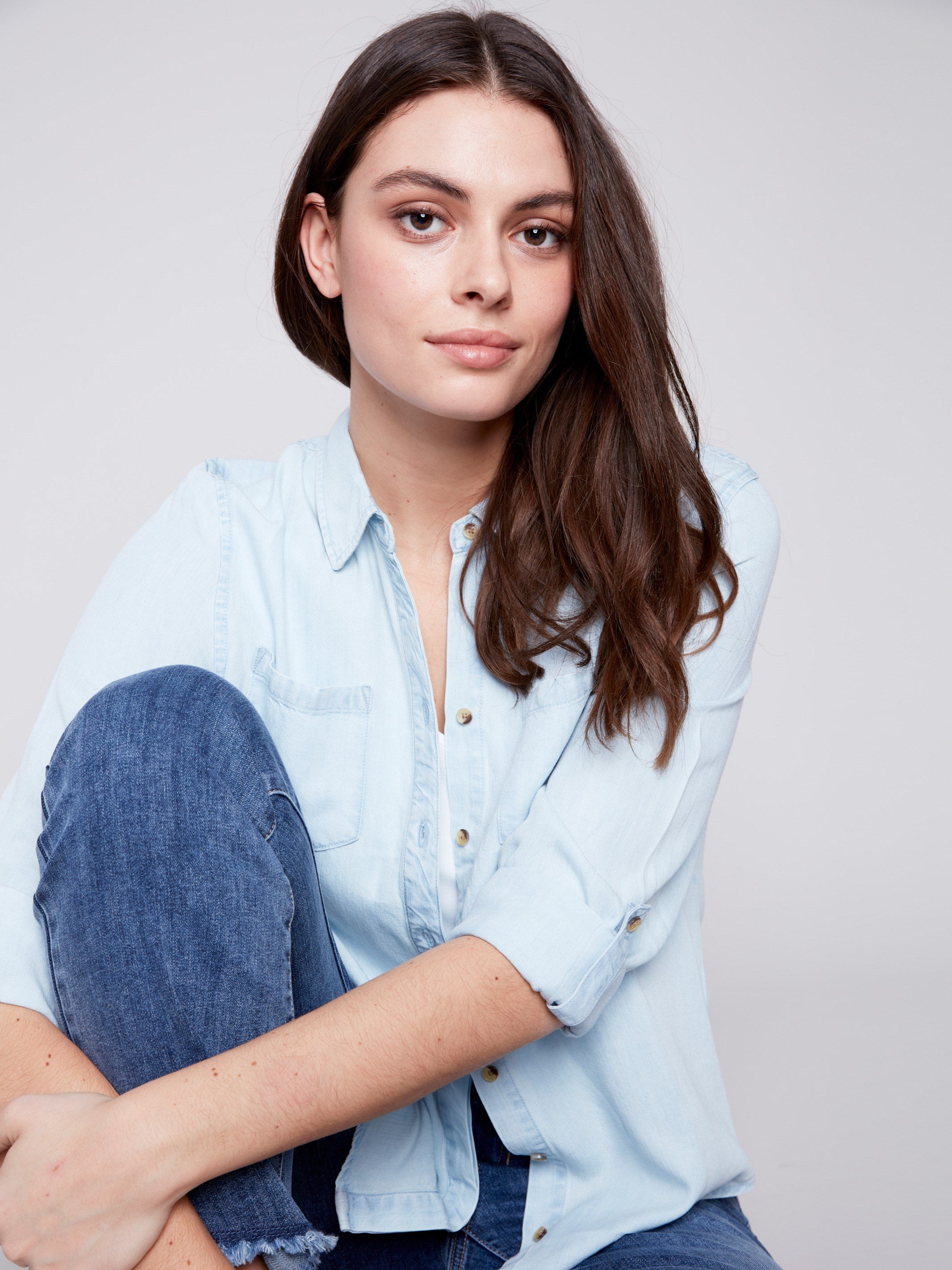 Charlie B Tencel Mid Blue Wash Scallopped Top