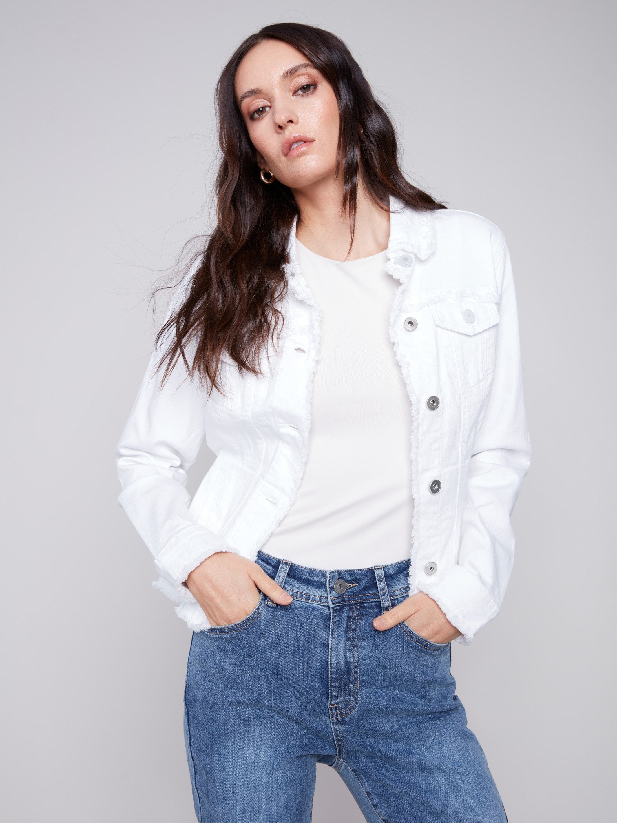 Charlie B Twill Jean Jacket with Frayed Edges - White - Image 1