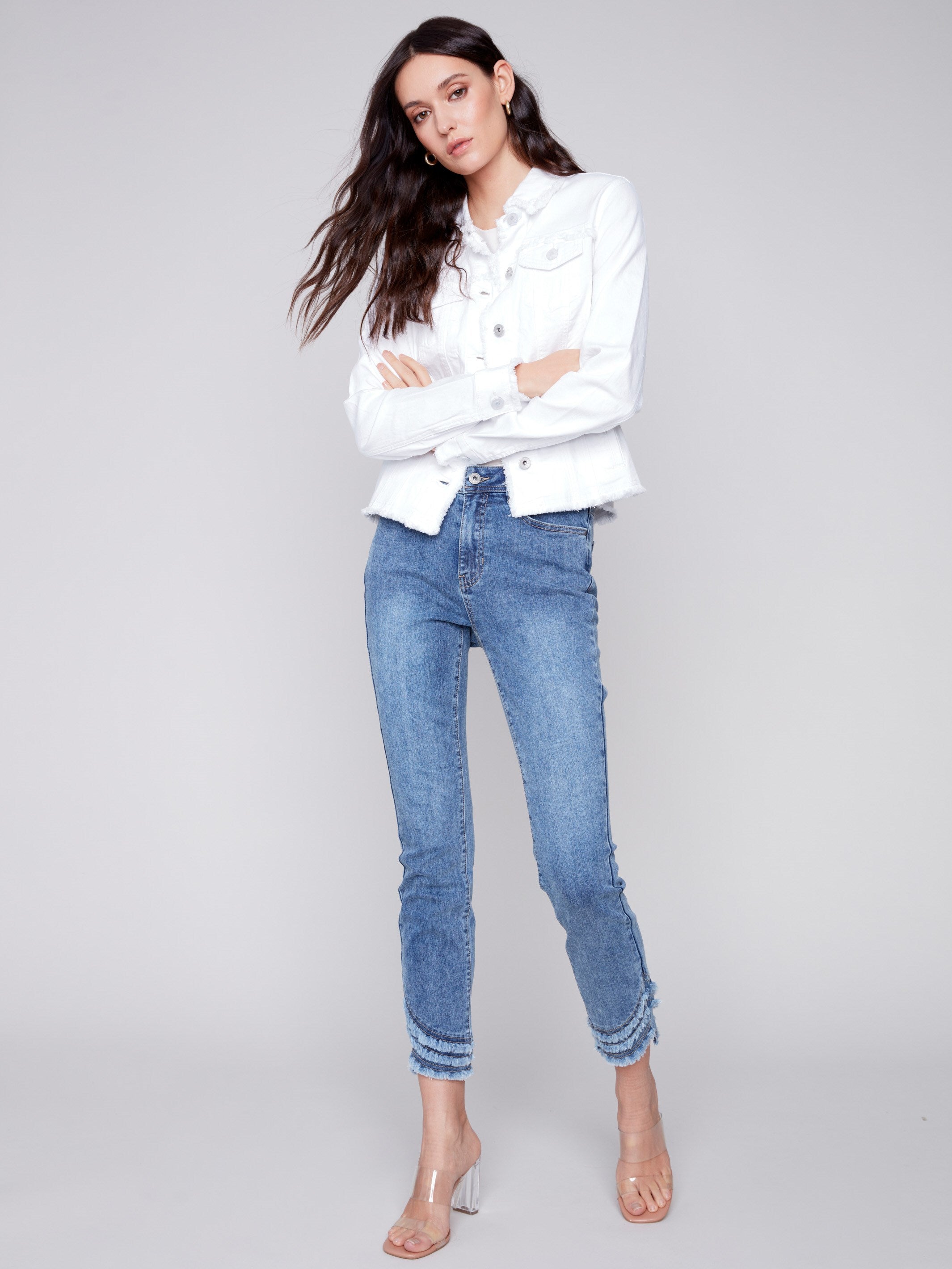 Twill Jean Jacket with Frayed Edges - White