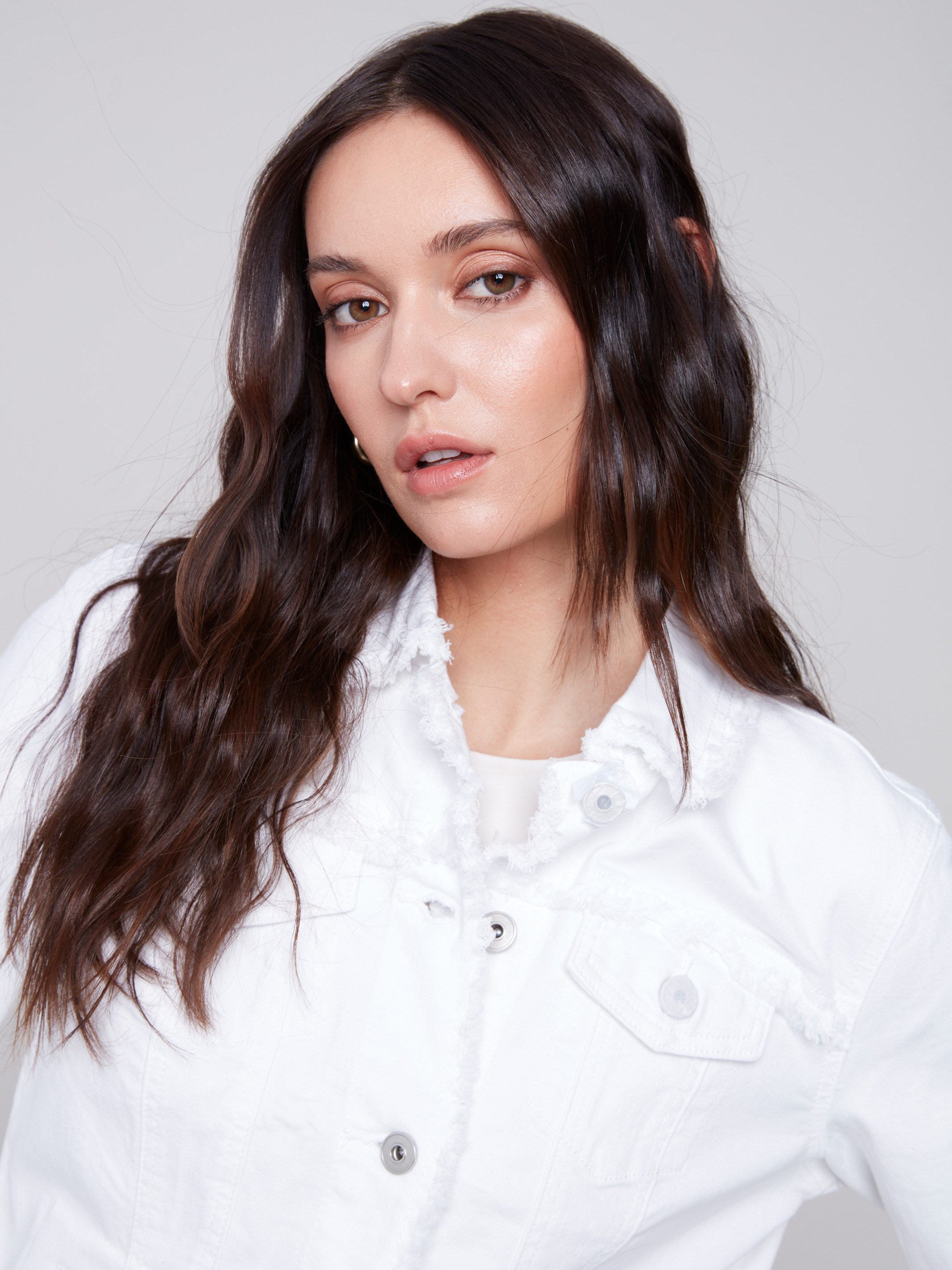 Women's Twill Jean Jacket Frayed White Charlie B