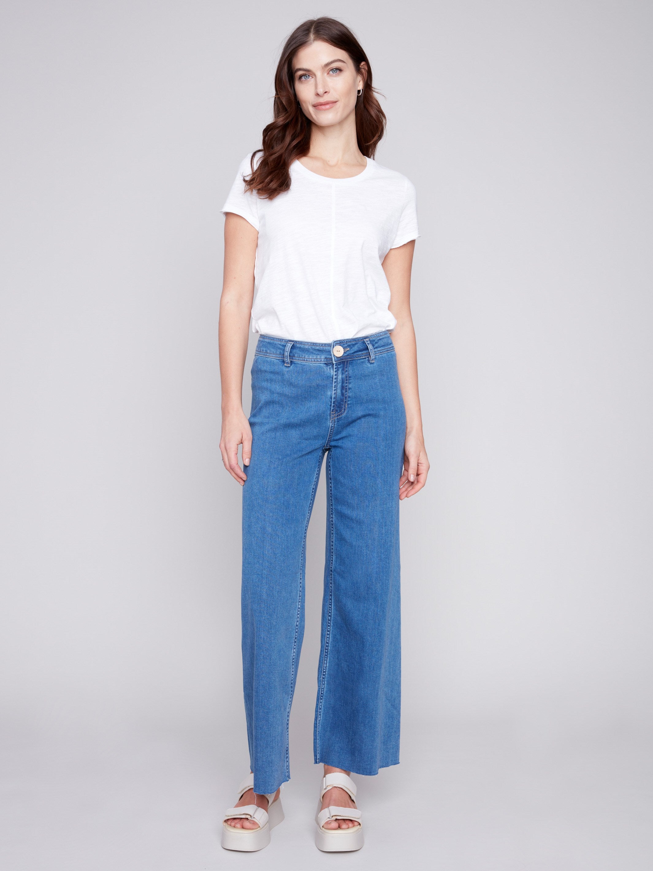 Charlie B Wide Leg Jeans with Raw Hem - Medium Blue - Image 4