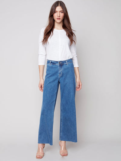 Wide Leg Jeans with Raw Hem - Medium Blue - C5400 Charlie B Collection