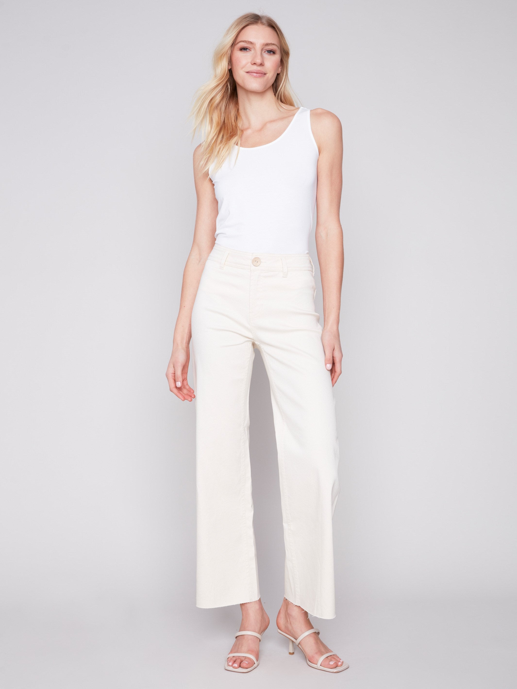 Charlie B Wide Leg Twill Jeans with Raw Hem - Natural - Image 1
