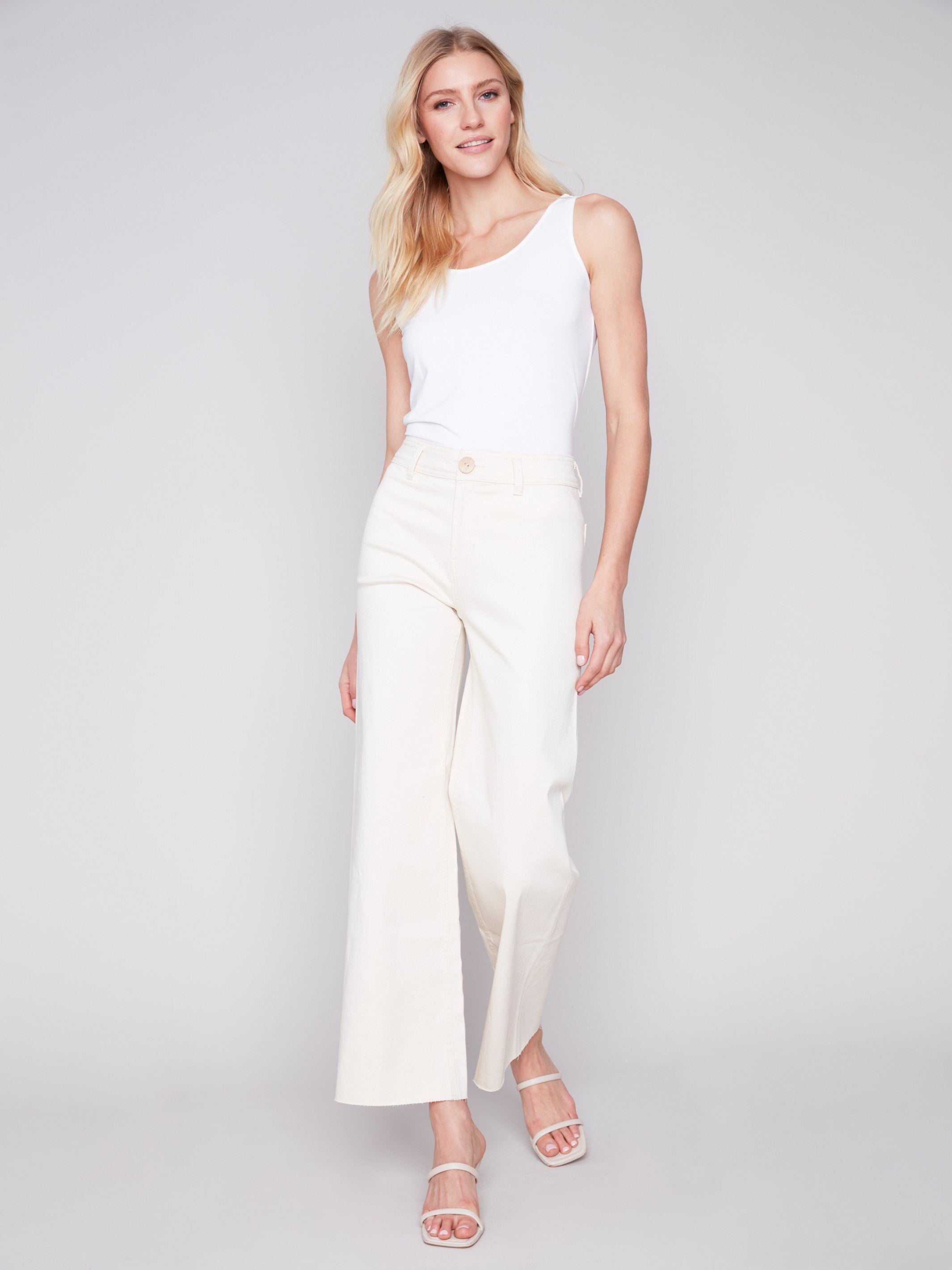 Charlie B Wide Leg Twill Jeans with Raw Hem - Natural - Image 4